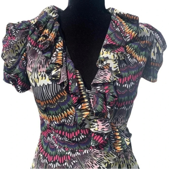 Jill Stuart Women’s Butterfly Pattern Ruffle Wrap Mini Dress Puff Sleeve Size 2 - Picture 2 of 7
